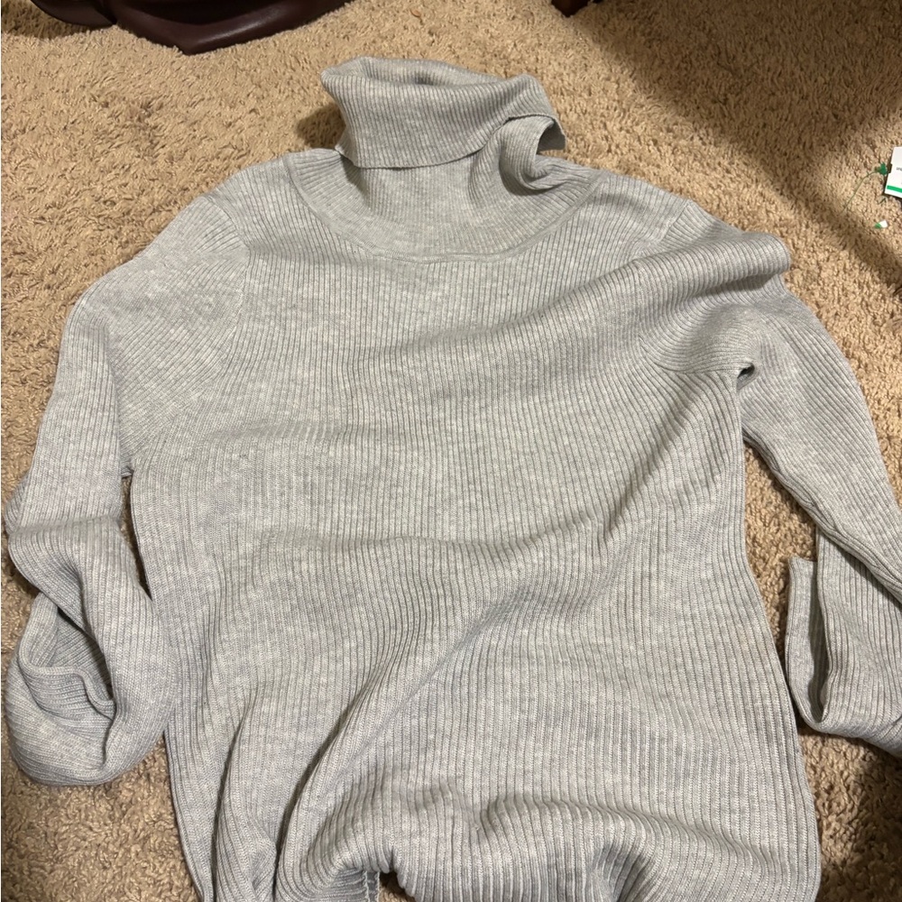 Gray Turtleneck Ribbed Sweater